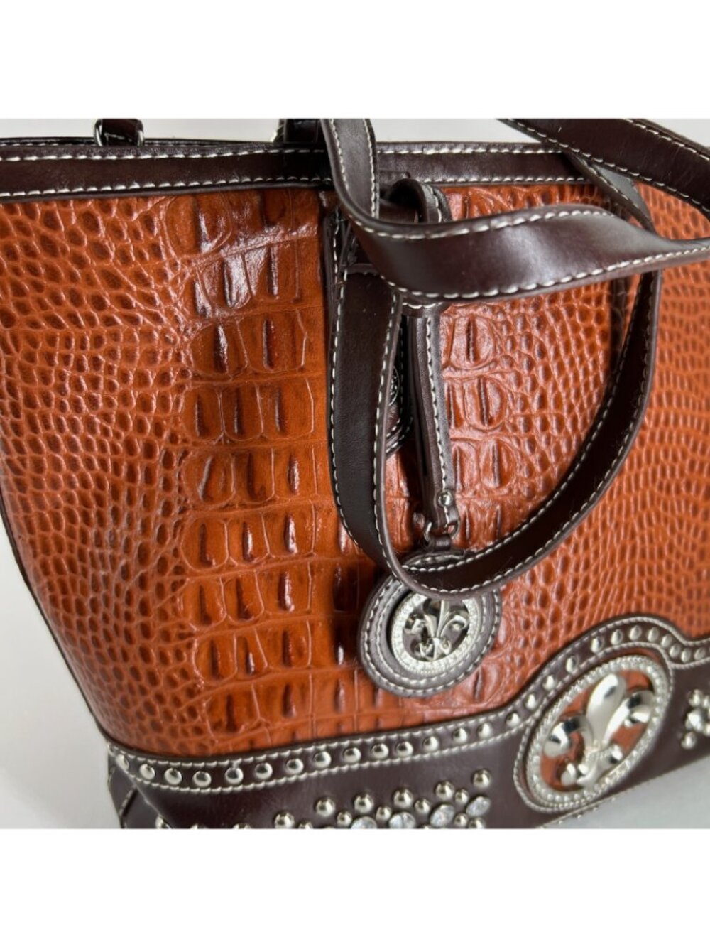 Silverake Shoulder Tote Bag Fleur De Lis Rhinestone Studded Croc Textured Brown - Picture 14 of 16